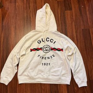 Gucci White Hoodie with Red-Green Stripe and Black Logo